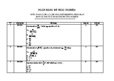 Ngân hàng đề trắc nghiệm môn Toán lớp 12 (chương trình không phân ban)